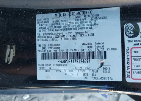 2007 Ford Fusion Se from USA, damaged, VIN 3FAHP07117R124694
